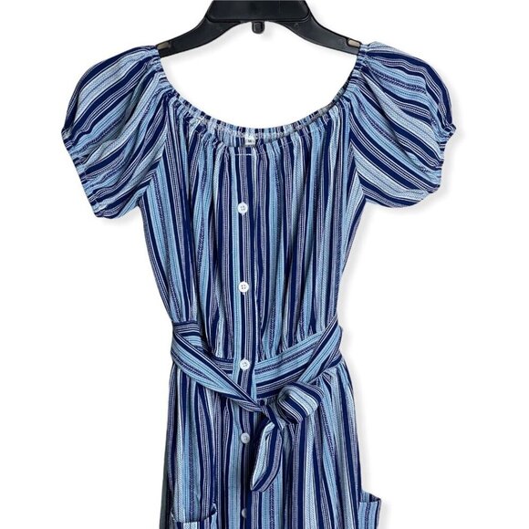 Nisha Outi NWT $168 Midi Dress in Blue Stripe Off-the-Shoulder Women's Sz M/6 - Picture 4 of 9
